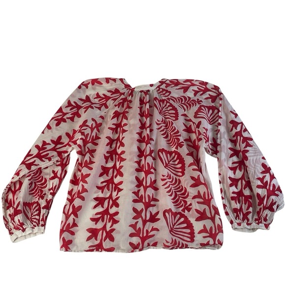 Mango MNG Red Floral Cotton Blouse Coastal Puff Sleeve Top Size 4 - Picture 8 of 10